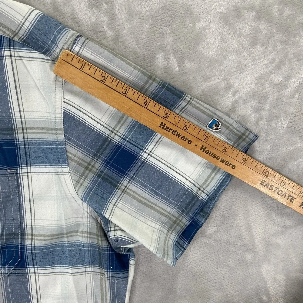 KUHL Shirt Mens Large Button Up STYK Tapered Fit Blue Plaid Short Sleeve Outdoor